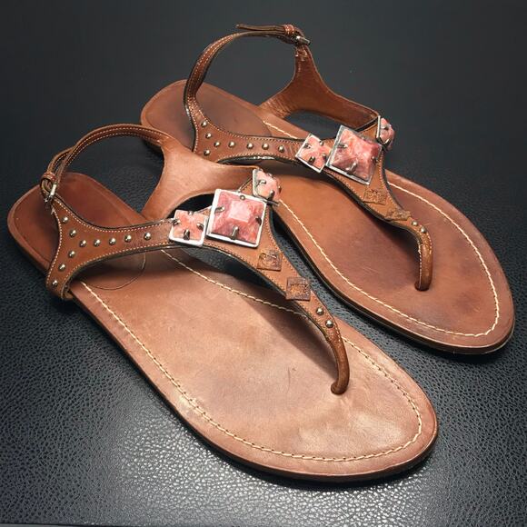Miu Miu Shoes - Miu Miu SZ 41 Brown Leather Thong Gladiator Sandals Pink Silver Pyramid Studs